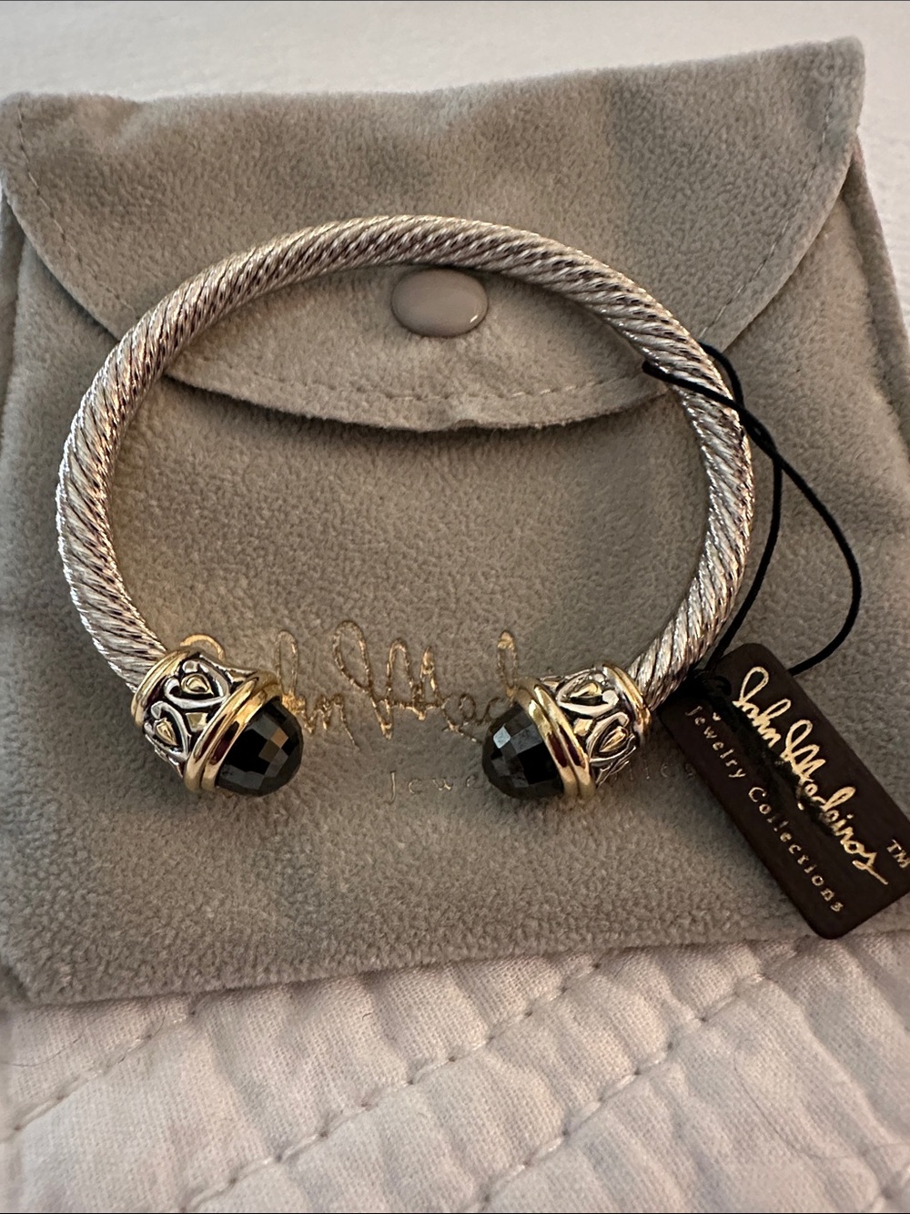 Silver-Tone Cable Cuff Bracelet with Black Faceted Ends